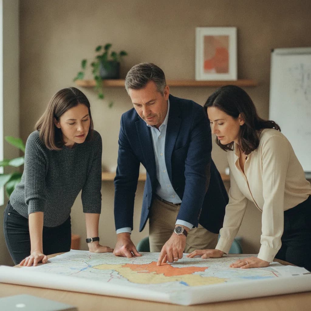 Equipo comercial revisando un mapa de cobertura territorial en una sesión de trabajo real