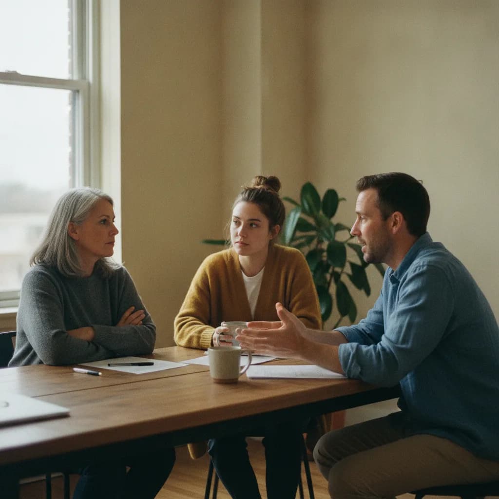Equipo de distintas generaciones en una conversación real alrededor de una mesa