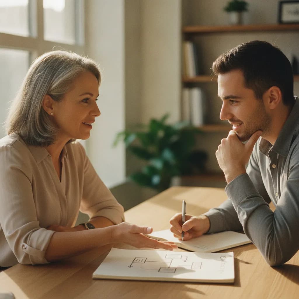 Sesión de mentoría real, mentor y talento emergente trazando un plan de desarrollo a mano