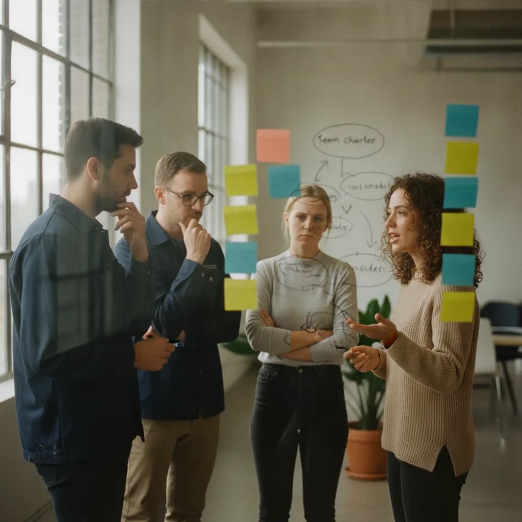 Equipo real resolviendo juntos frente a un tablero con el Team Charter y notas adhesivas