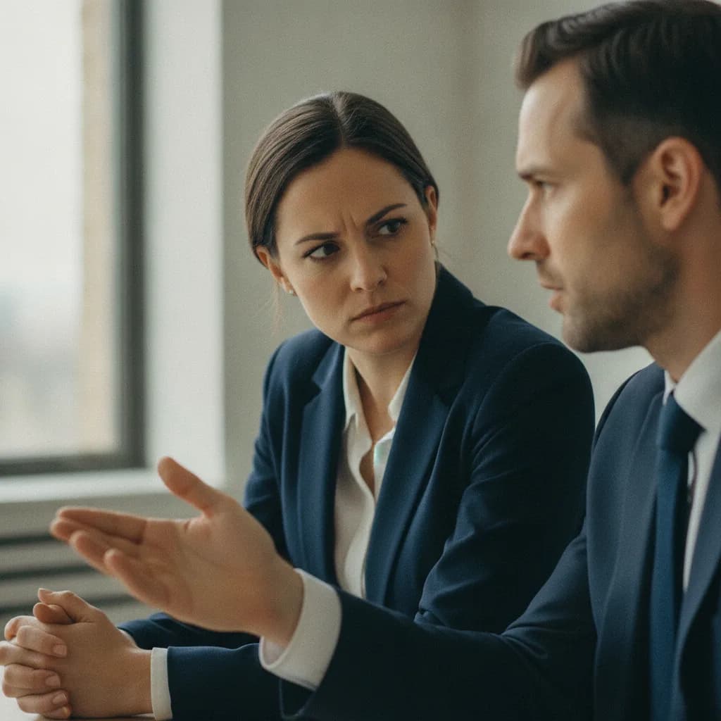 Conversación de feedback real entre dos líderes, gesto abierto, sin defensividad
