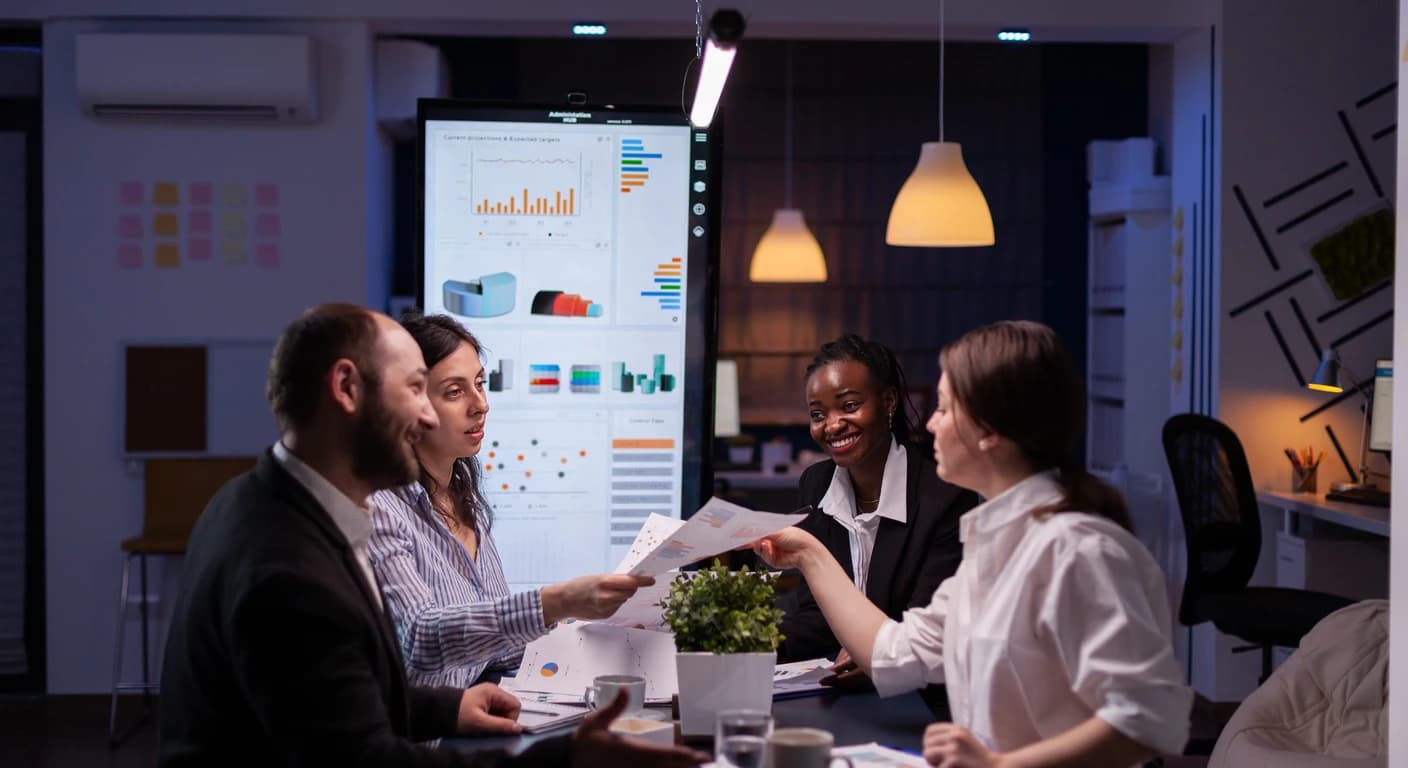 Equipo presentando gráficos en una sala de reuniones al anochecer