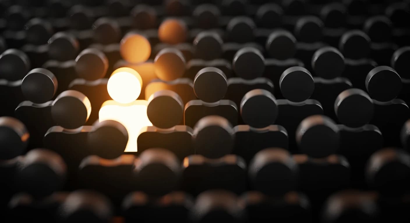 Una figura iluminada entre cientos de figuras idénticas en penumbra