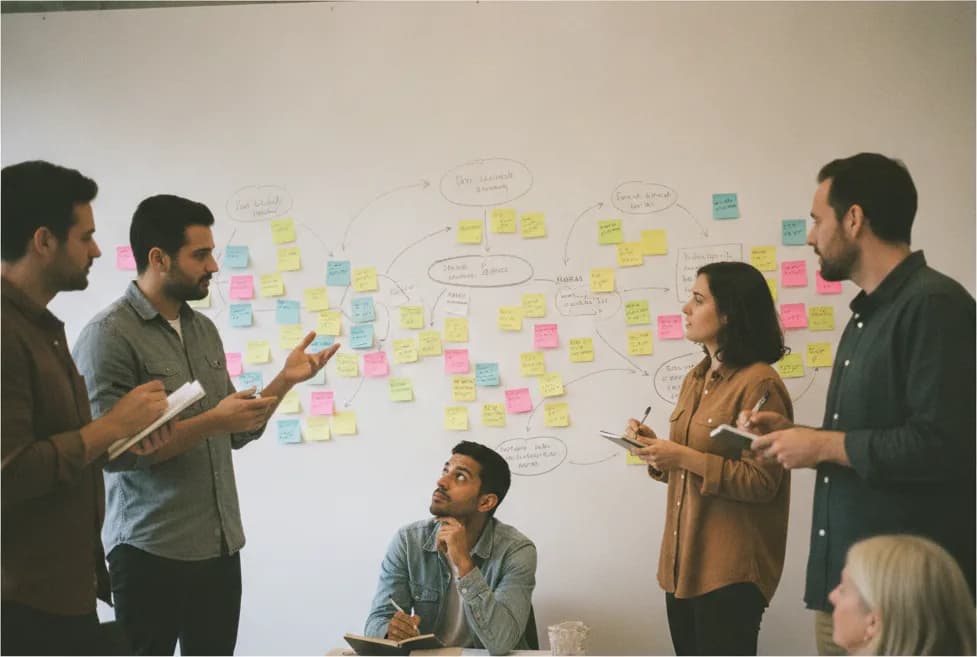 Equipo en un workshop de diagnóstico cultural, pared con notas adhesivas y diagrama a mano